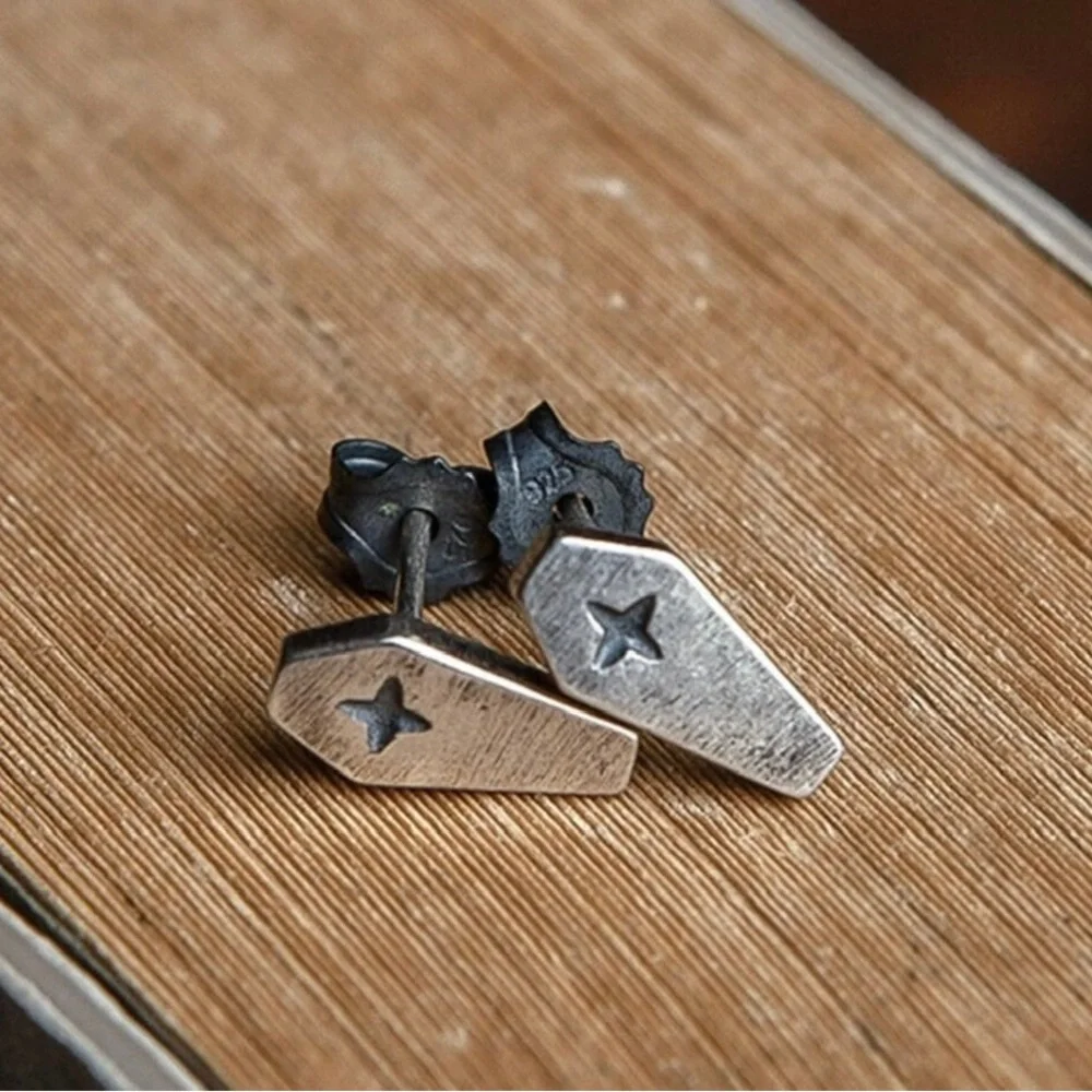 Single Accent 925 Sterling Silver Creative Retro Death Cross Coffin Stud Earring